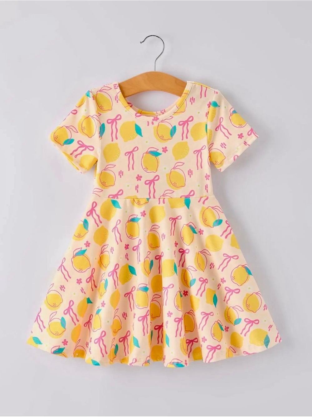 Girls' Pink Lemon Print Short Sleeve Twirl Dress